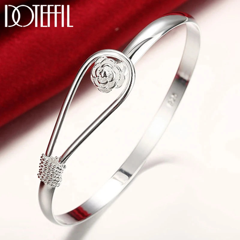 925 Silver Rose Flower Bangle Bracelet for Women Wedding Engagement