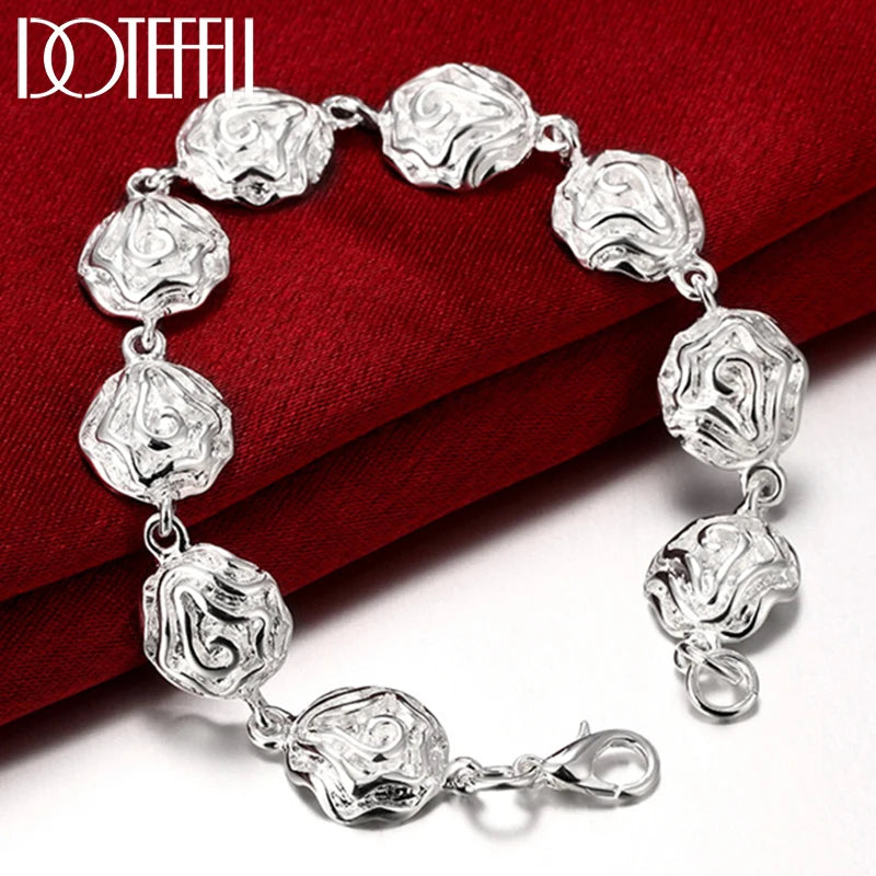 925 Silver Rose Flower Bracelet Chain Women Wedding Engagement Jewelry