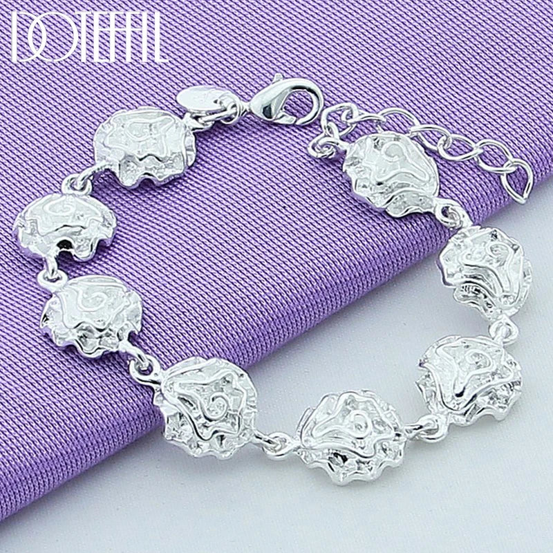 925 Silver Rose Flower Chain Bracelet Women Charm Wedding Party Jewelry