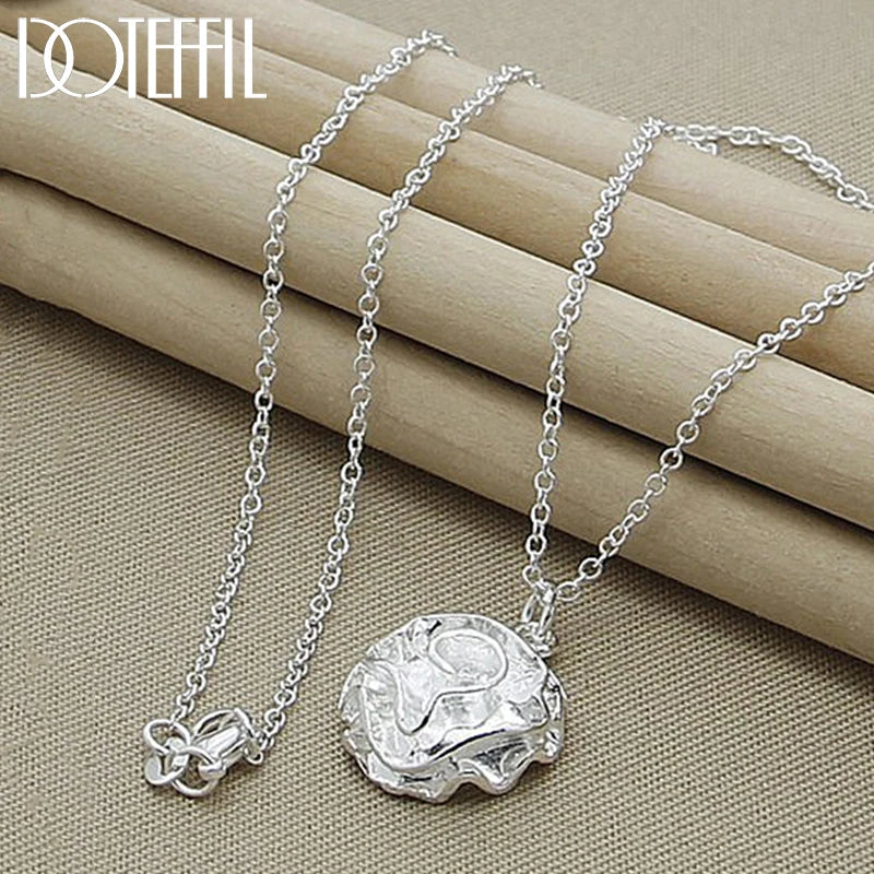 925 Silver Rose Flower Pendant Necklace 18 Inch Chain Wedding Charm