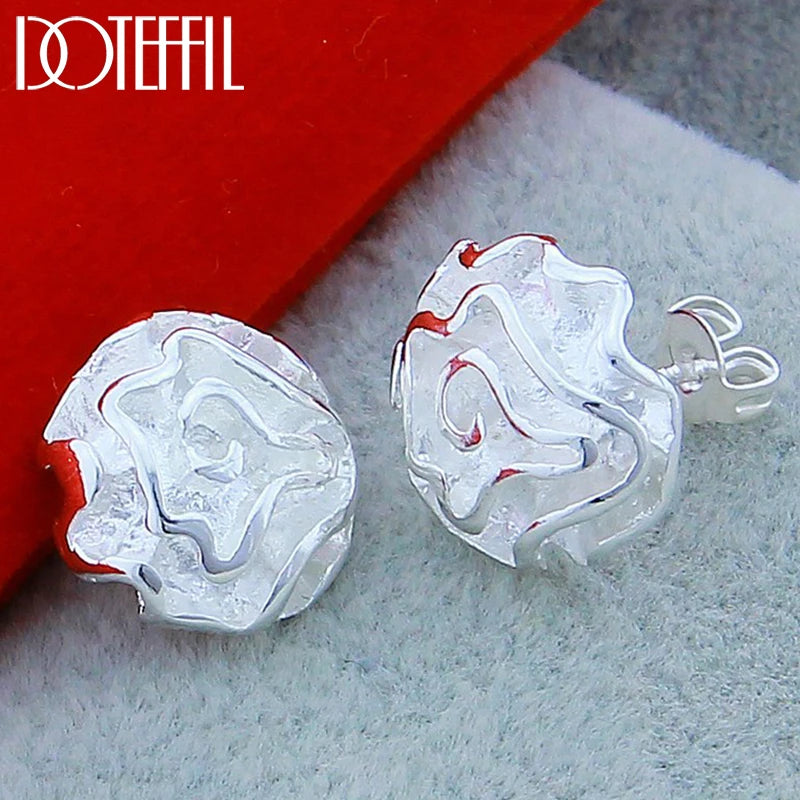 925 Silver Rose Flowers Stud Earrings Wedding Engagement Charm Jewelry