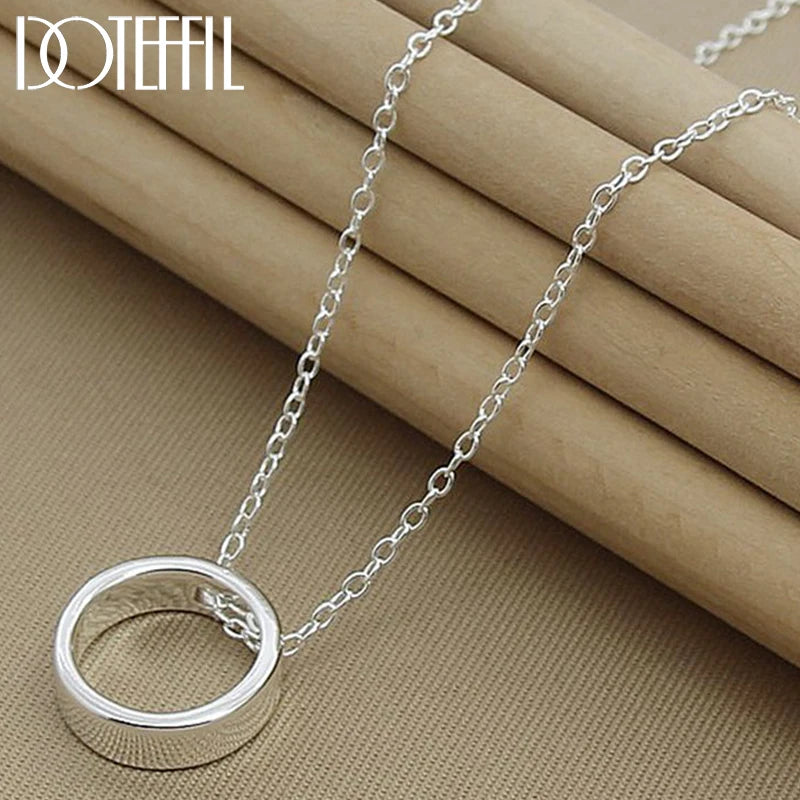 925 Silver Hollow Circle Pendant Necklace 18 Inch Chain Women Wedding Jewelry