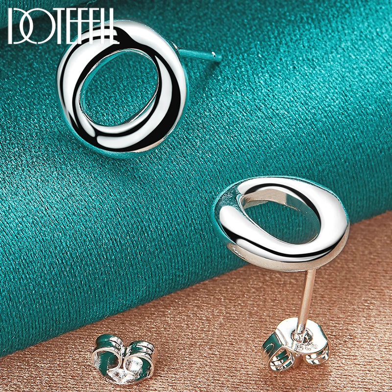 925 Silver Round O Stud Earring Woman Charm Wedding Jewelry