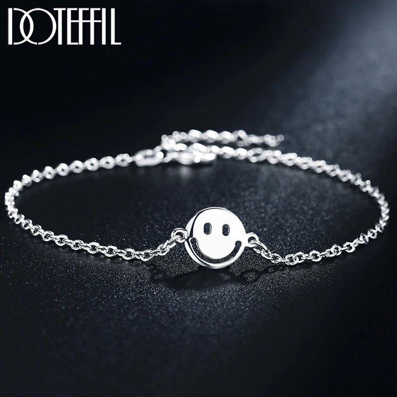 925 Sterling Silver Smiling Face Bracelet Chain Women Wedding Charm Jewelry