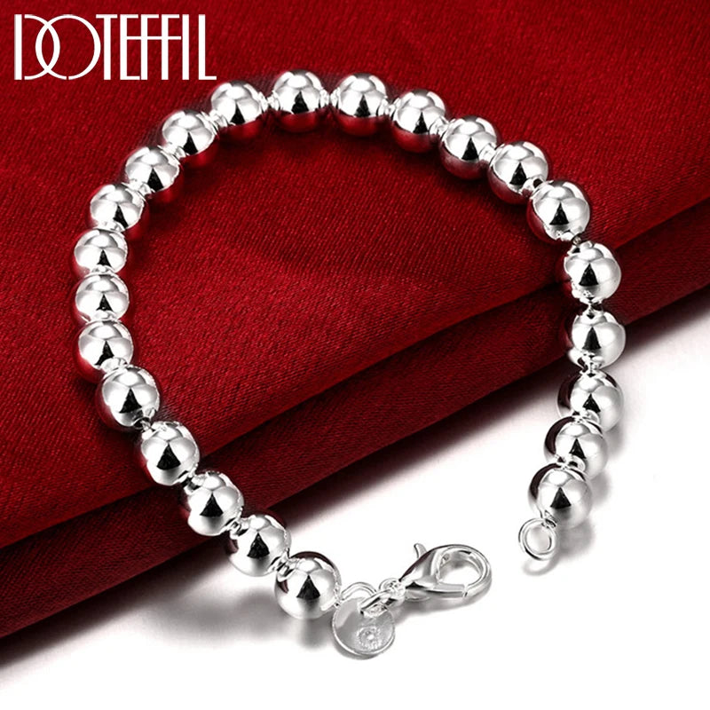 925 Silver 8mm Hollow Beads Chain Bracelet Charm Wedding Jewelry