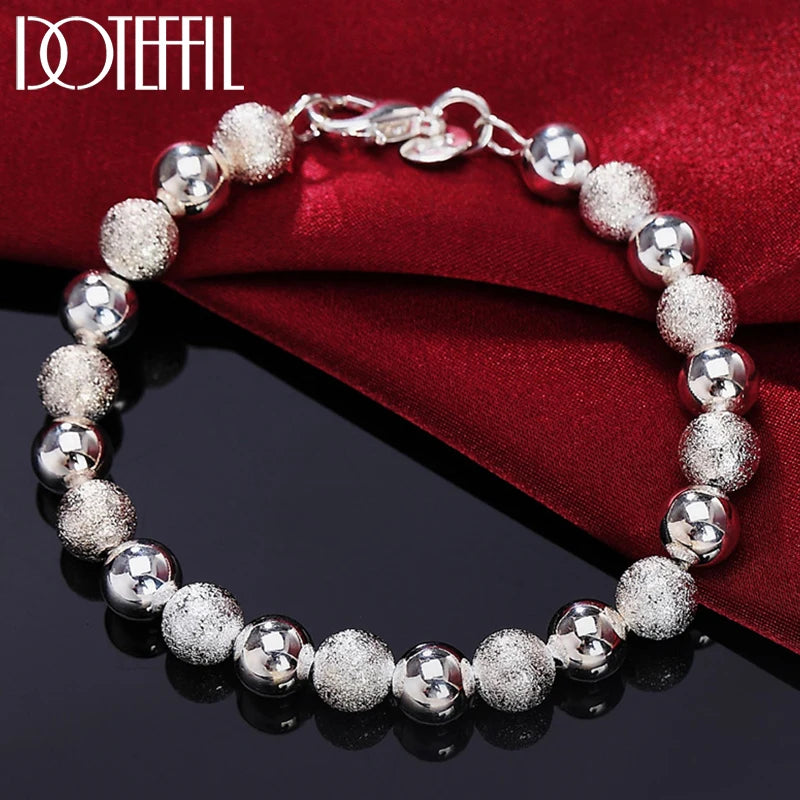 925 Silver Bead Chain Bracelet Matte Finish 8mm for Women