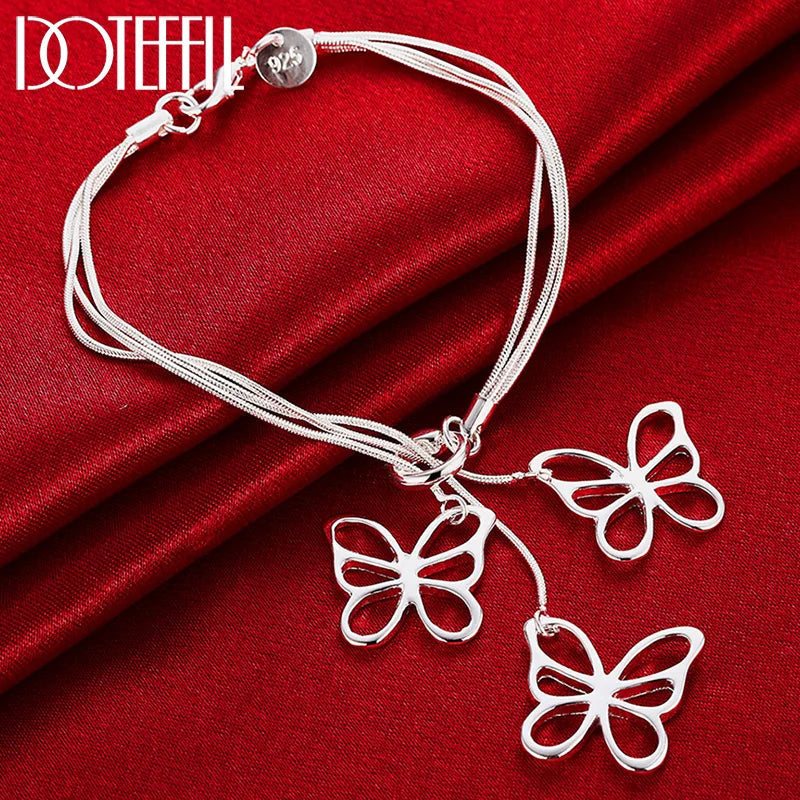 925 Silver Snake Chain 3 Butterfly Bracelet Wedding Jewelry