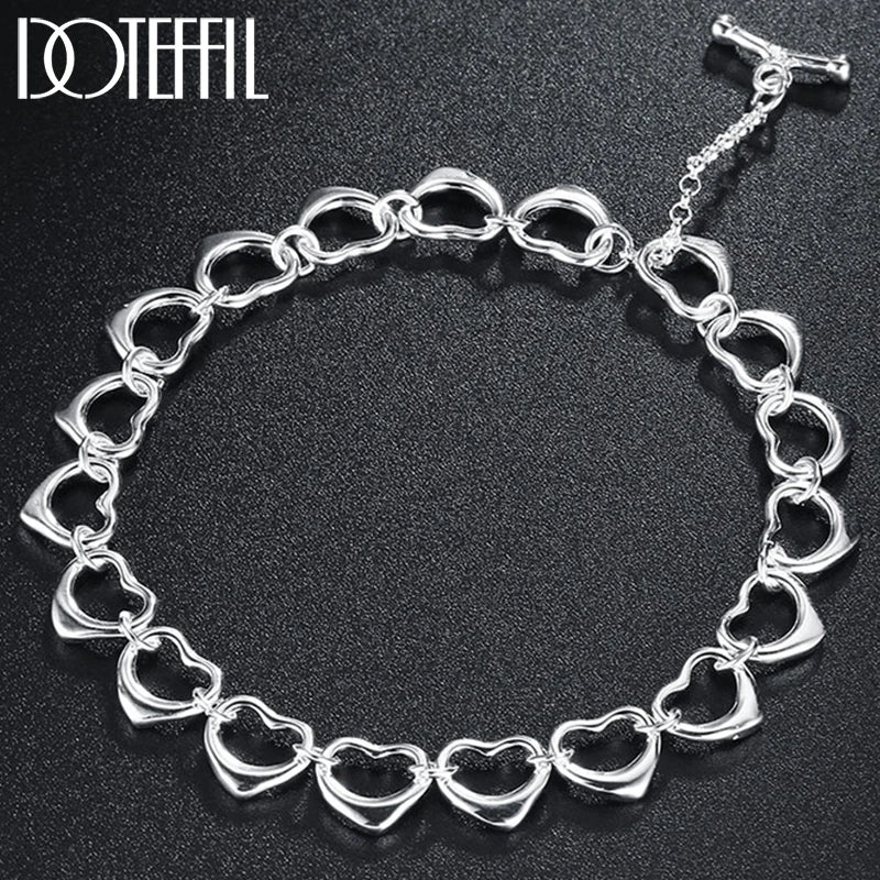 925 Sterling Silver Full Heart Chain Bracelet Wedding Engagement Charm Jewelry