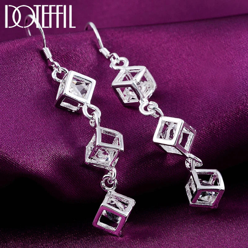 925 Silver Square CZ Drop Earrings Wedding Jewelry