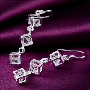 925 Silver Square CZ Drop Earrings Wedding Jewelry