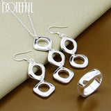 925 Silver Square Round Necklace Ring Earring Set Wedding Charm Jewelry
