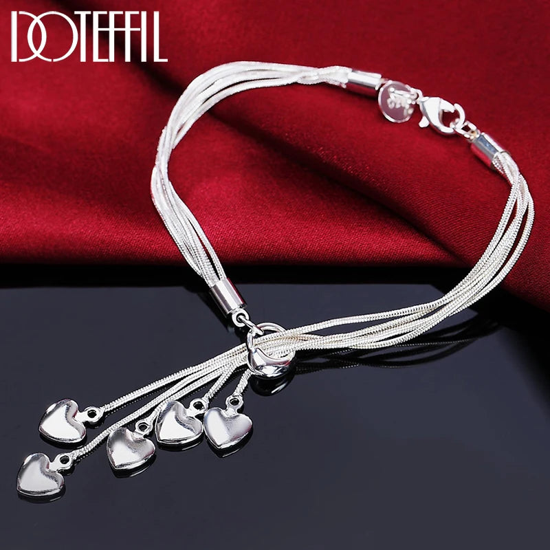 925 Silver Tassel Love Heart Chain Bracelet Wedding Jewelry