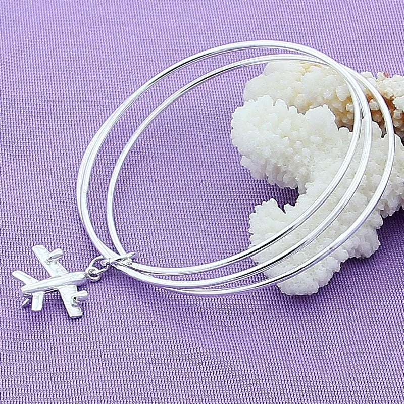 925 Silver Three Circle Aircraft Bangle Bracelet For Woman Wedding Engagement