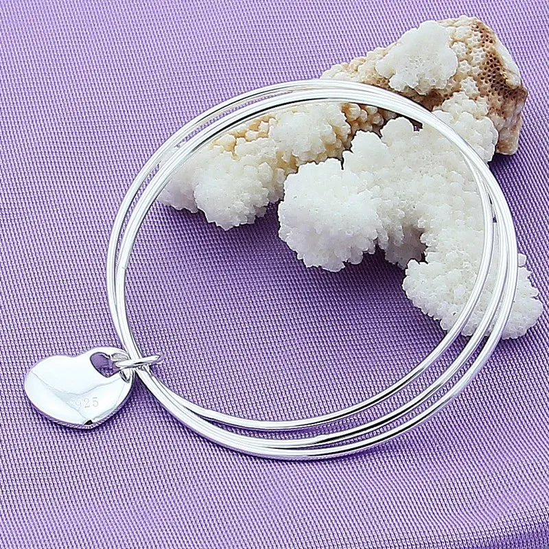 925 Silver Three Circle Heart Bangle Bracelet Wedding Party Jewelry