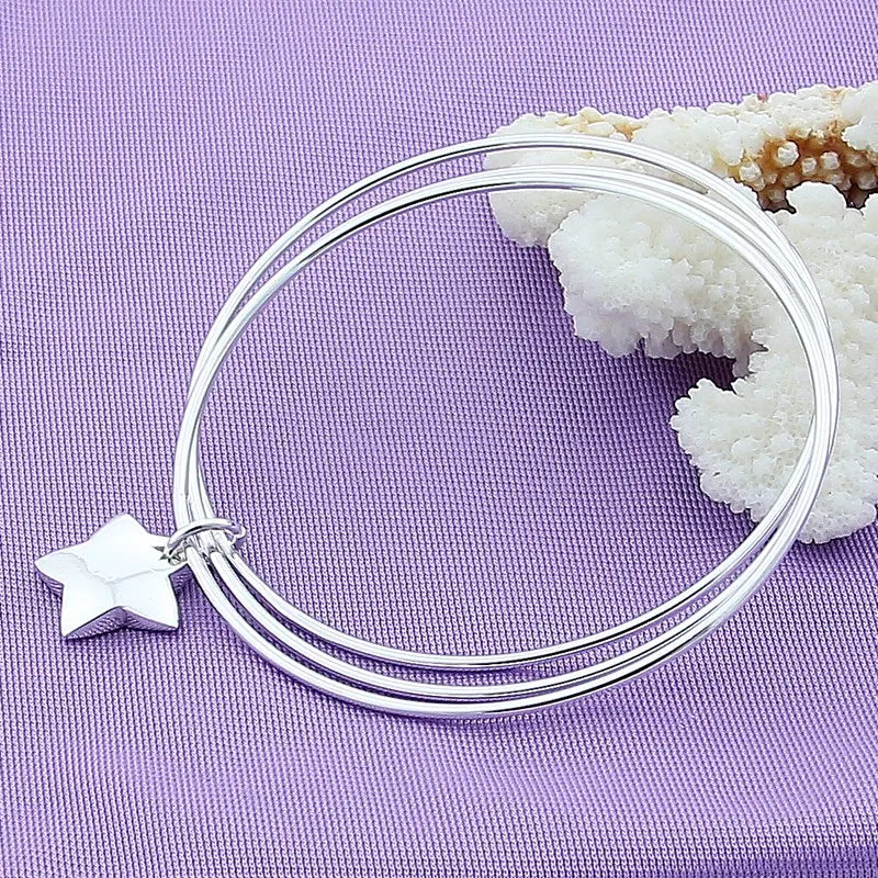 925 Silver 3 Circle Star Bangle Bracelet Wedding Engagement