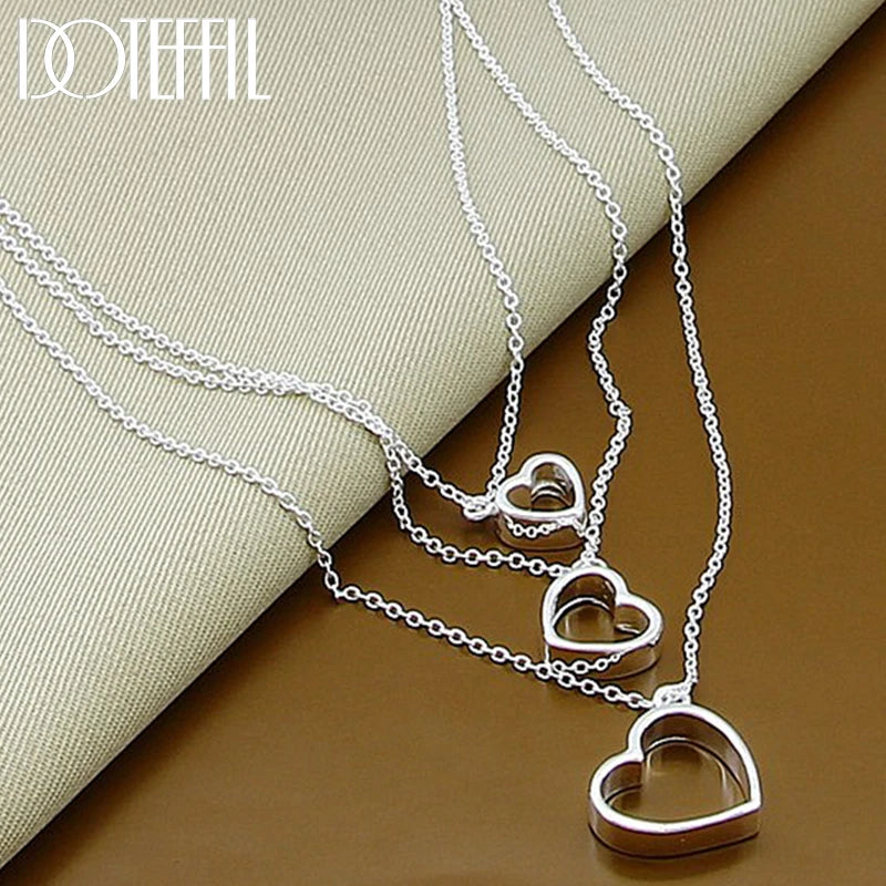 925 Silver Three Heart Chain Pendant Necklace For Women Wedding