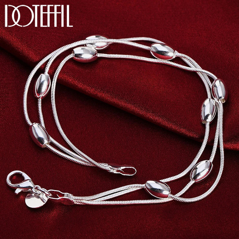 925 Sterling Silver Three Snake Chain Smooth Beads Bean Bracelet