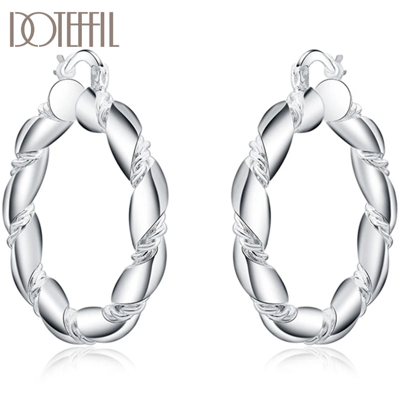 925 Silver Twisted Rope Loop 38mm Circle Hoop Earring Wedding Party Jewelry