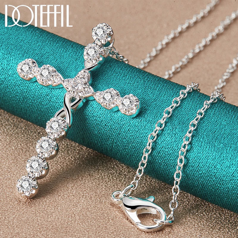 925 Silver Zircon Cross Necklace 18-30 Inch Chain Wedding Charm Jewelry
