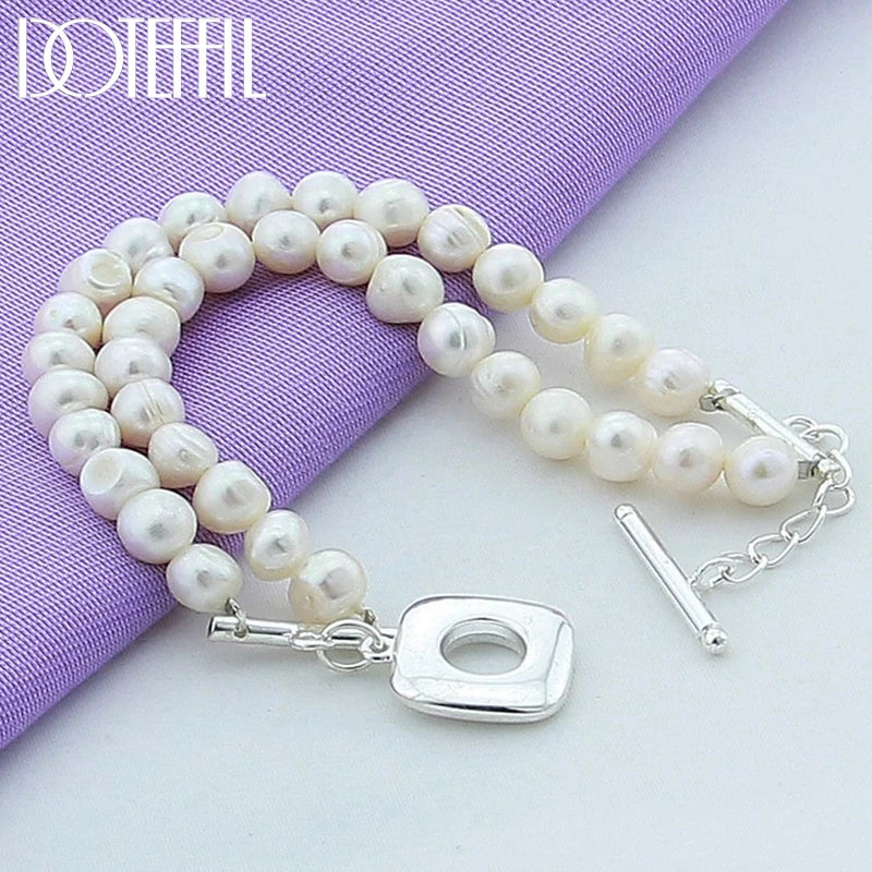 Natural Freshwater Pearl Double Chain 925 Sterling Silver Bracelet