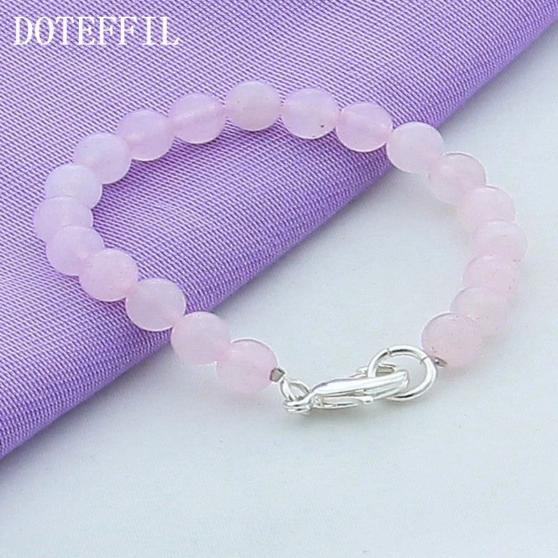 Pink Agate Bracelet 925 Sterling Silver Buckle Women's Wedding Jewelry