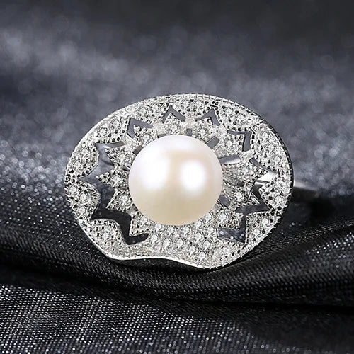 Sterling Silver Pearl Ring S925 Wedding Ring Jewelry Adjustable Female Rings