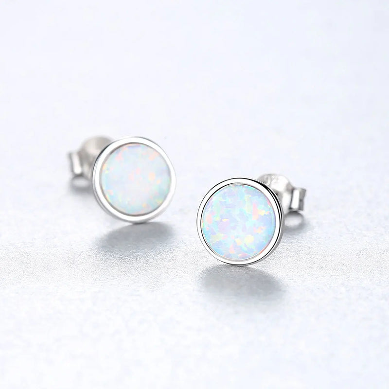 Lovely Opal Stud Earrings 925 Sterling Silver Circle Women Party Jewelry