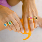 925 Silver Rainbow Enamel Green Signet Rings Gube Pink Women Punk Jewelry