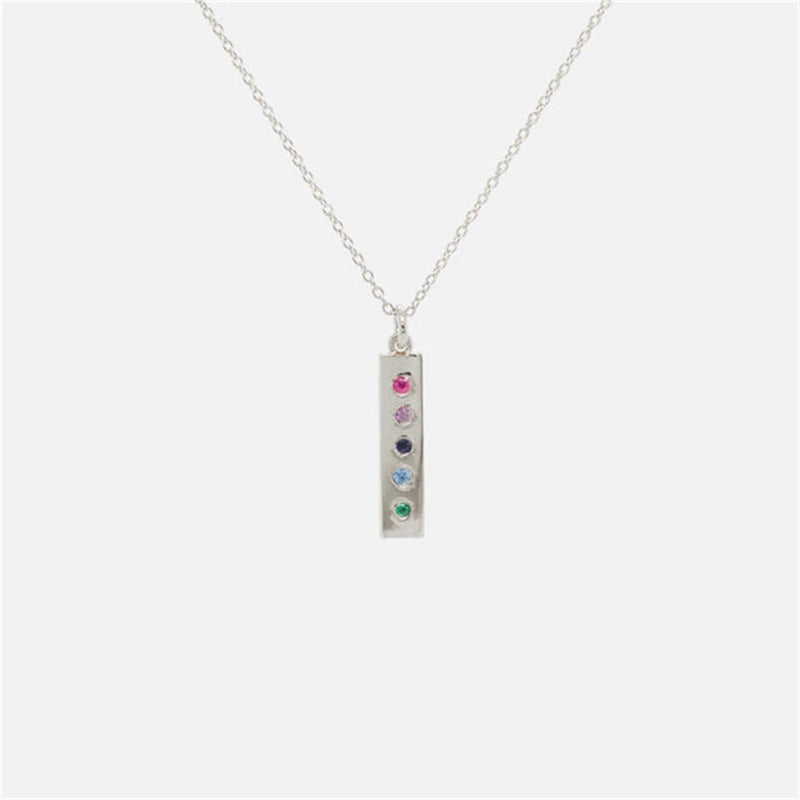925 Silver Square Rainbow Gems Months Pendant Long Chain Necklace Women