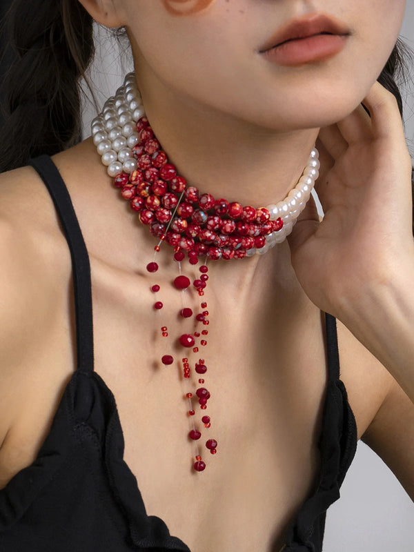 Blood Pattern Pearl Necklace PUNK Multi-layer Short Necklace