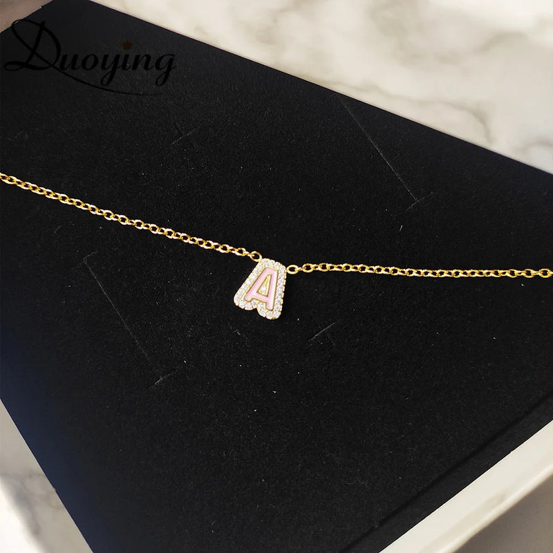 Enamel Name Necklace Single Letters Choker Zircon Pendant Necklace