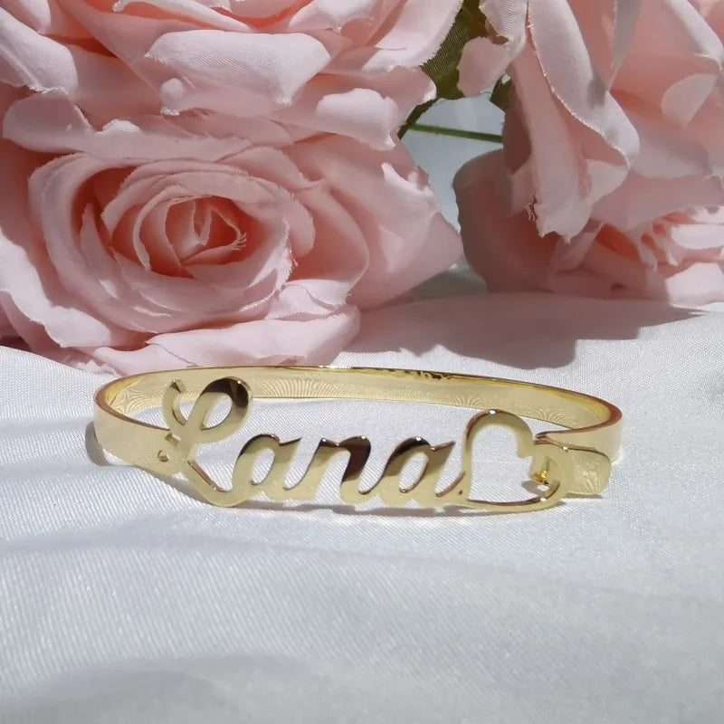 Personalized Heart Nameplate Bangle Cuff Bracelet