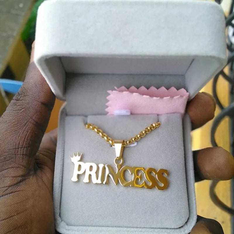 Name Necklace Punk Crown Pendant Necklace Stainless Steel