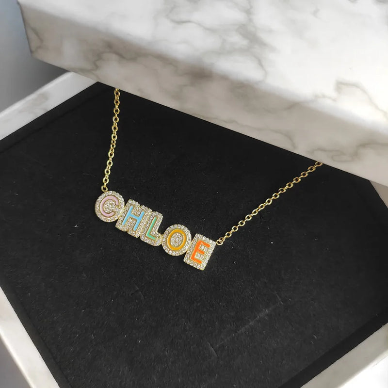Rainbow Enamel Name Necklace Pave Outline Colorful Zirconia Jewelry