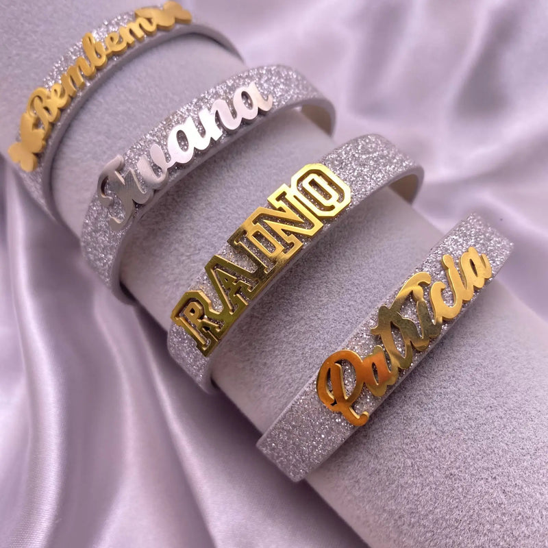 Stainless Steel Glitter Leather Bracelet DIY Alphabet Bangles Nameplate Pop