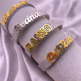 Stainless Steel Glitter Leather Bracelet DIY Alphabet Bangles Nameplate Pop