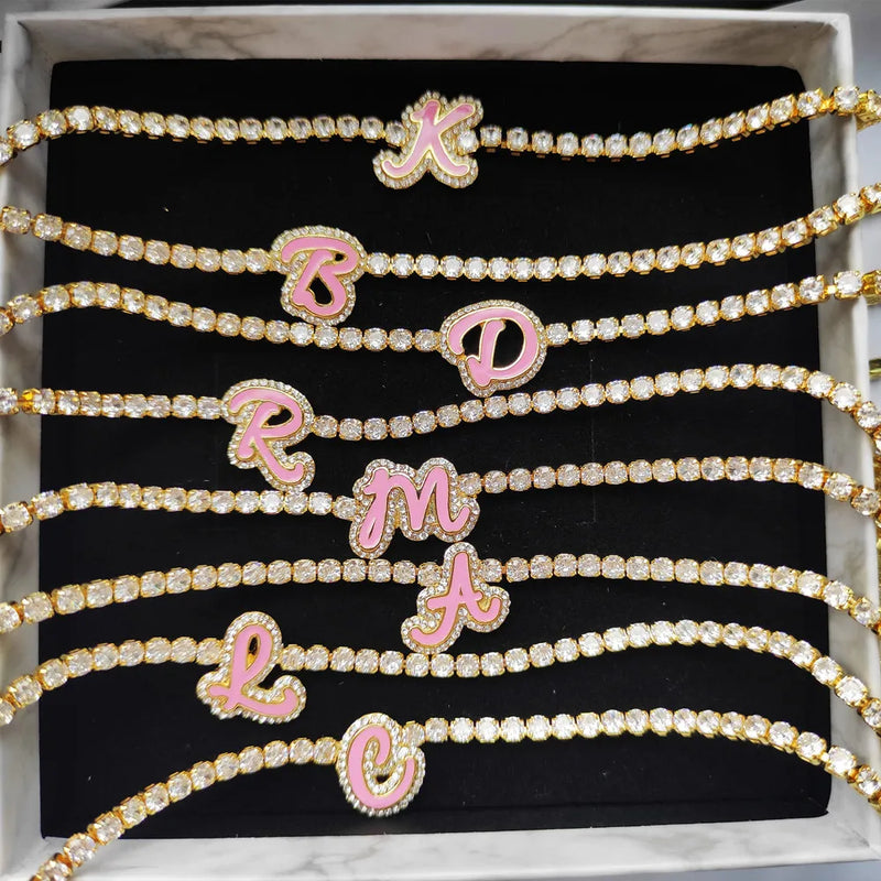 Enamel Script Initial Tennis Choker Letter With Zirconia Chain Necklace