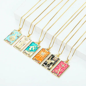 Personalized Tarot Pendant Necklace Oil Drop Enamel Tag Unisex Jewelry