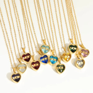 MOM Necklace with Heart Zircon Birthstone Pendant Stainless Steel 18k Plated
