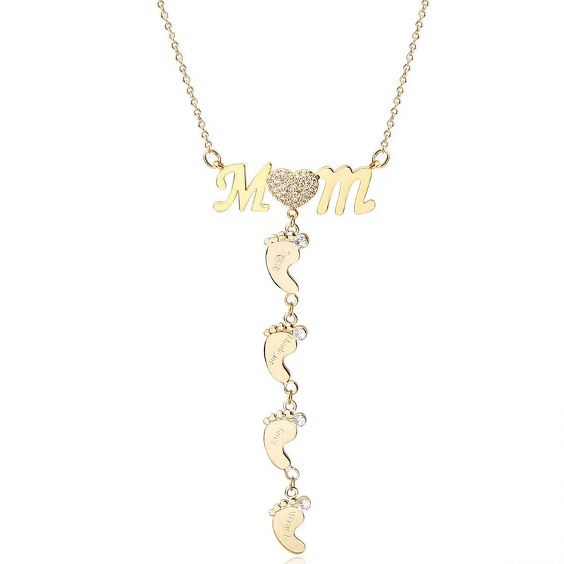 Mom Footprint Necklace with Zircon & Silver Inlay for Gift