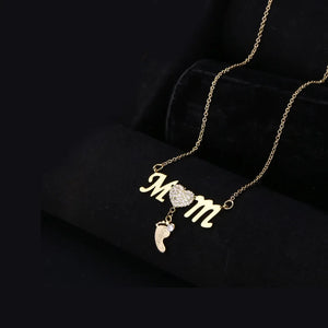 Mom Footprint Necklace with Zircon & Silver Inlay for Gift