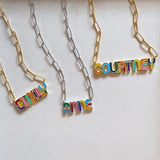 Rainbow Pave Outline Enamel Necklace Colorful Name Necklace