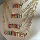 Rainbow Pave Outline Enamel Necklace Colorful Name Necklace