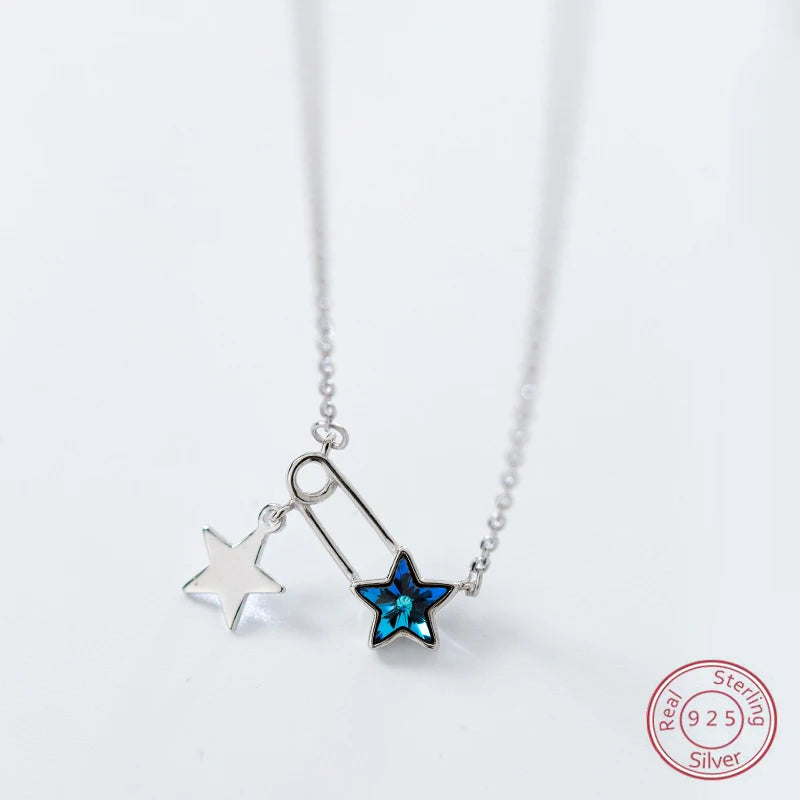 925 Silver Double Star Paper Clip Pendant Choker Necklace