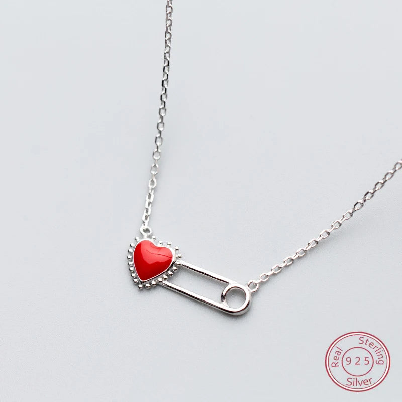 925 Silver Red Heart Paper Clip Pendant Necklace for Women