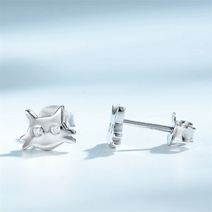 Sterling Silver Cat Stud Earrings Clear CZ Animal Push-Back Jewelry