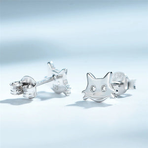 Sterling Silver Cat Stud Earrings Clear CZ Animal Push-Back Jewelry
