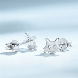 Sterling Silver Cat Stud Earrings Clear CZ Animal Push-Back Jewelry