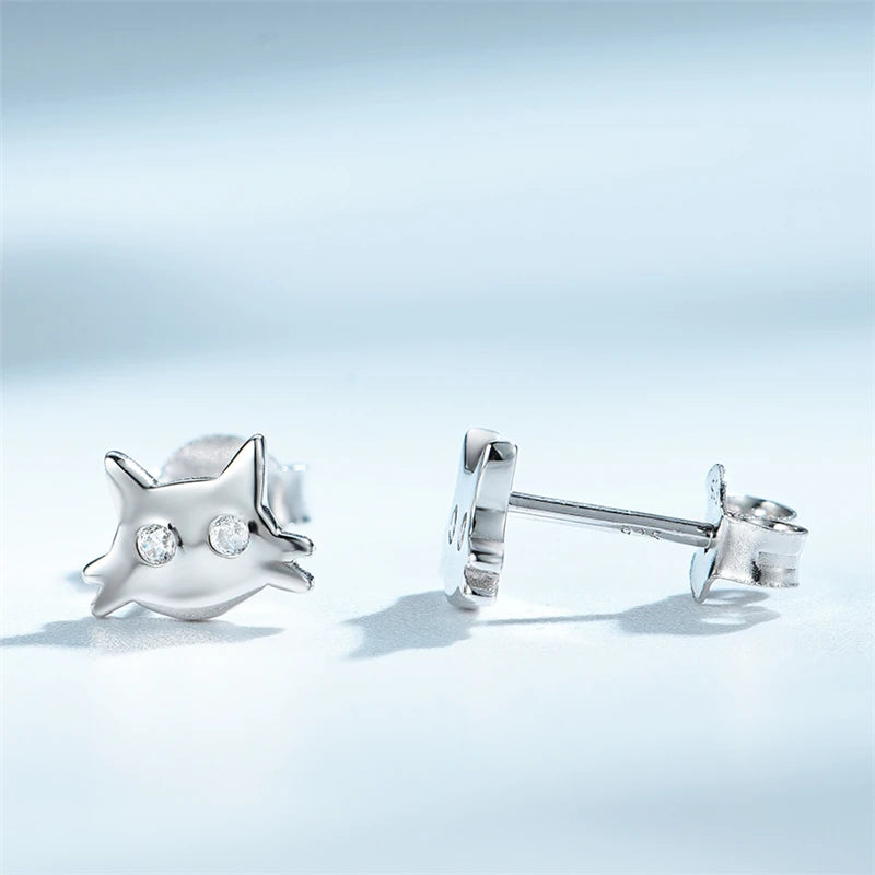 Sterling Silver Cat Stud Earrings Clear CZ Animal Push-Back Jewelry