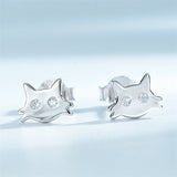 Sterling Silver Cat Stud Earrings Clear CZ Animal Push-Back Jewelry
